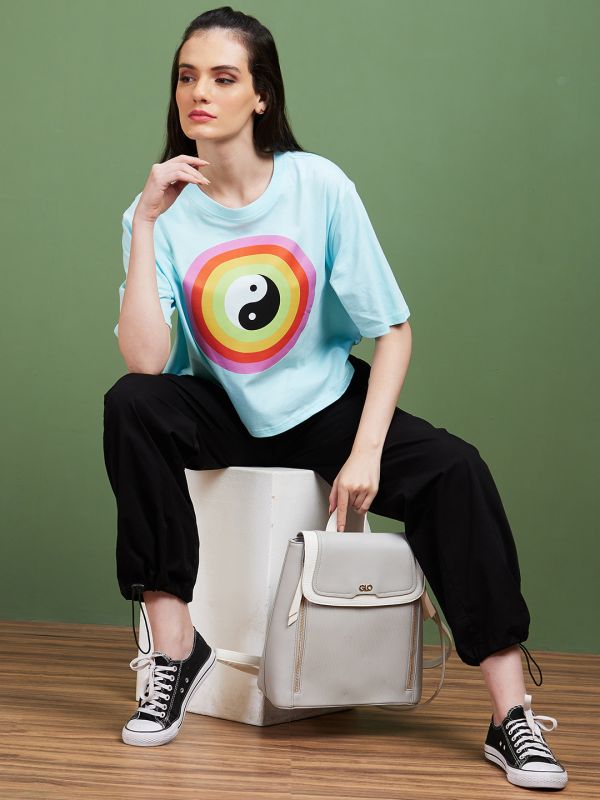 Globus Women Blue Graphic Conversational Cotton Round Neck Boxy Fit Casual T-Shirt