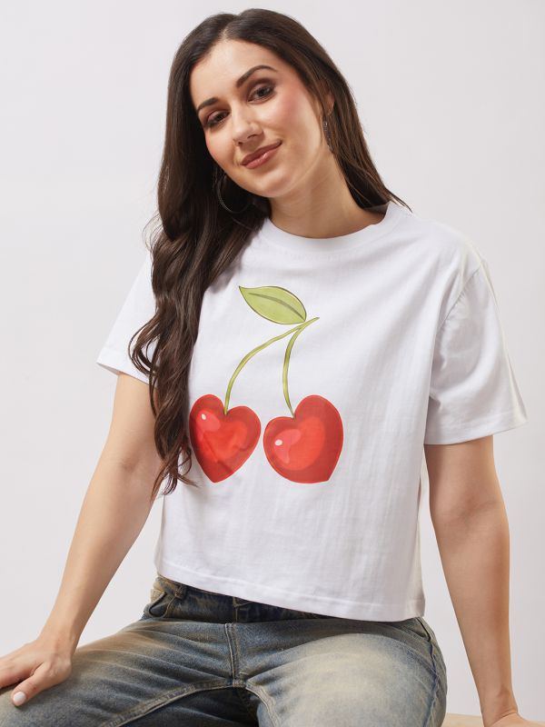 Globus Women White Round Neck Short Sleeves Cherry Print Oversized T-Shirt