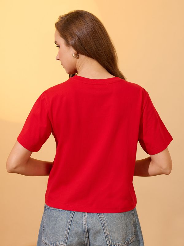 Globus Women Red Round Neck Short Sleeves Graphic Print Oversized Crop T-Shirt