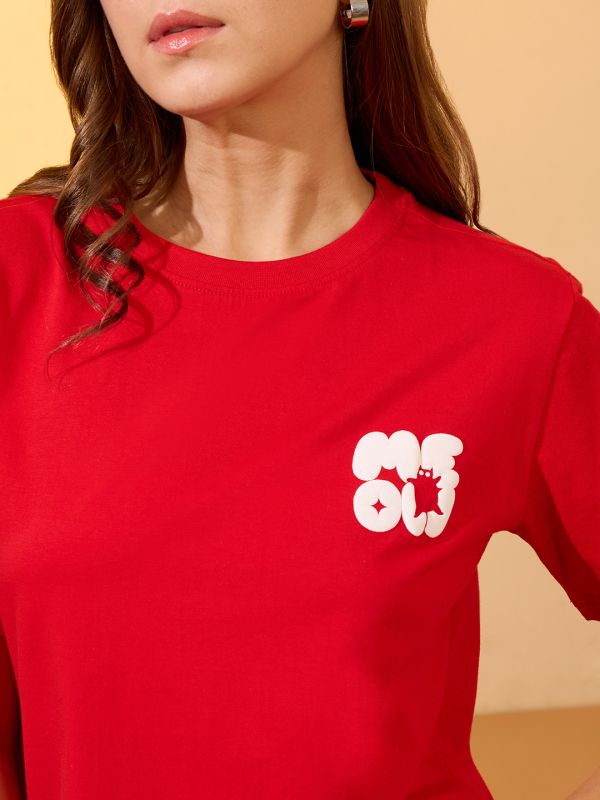 Globus Women Red Round Neck Short Sleeves Graphic Print Oversized Crop T-Shirt