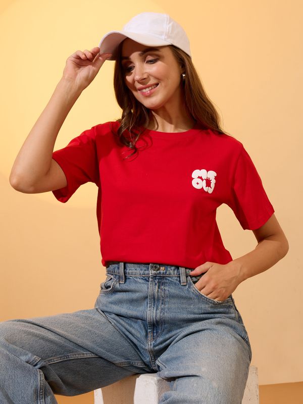 Globus Women Red Round Neck Short Sleeves Graphic Print Oversized Crop T-Shirt