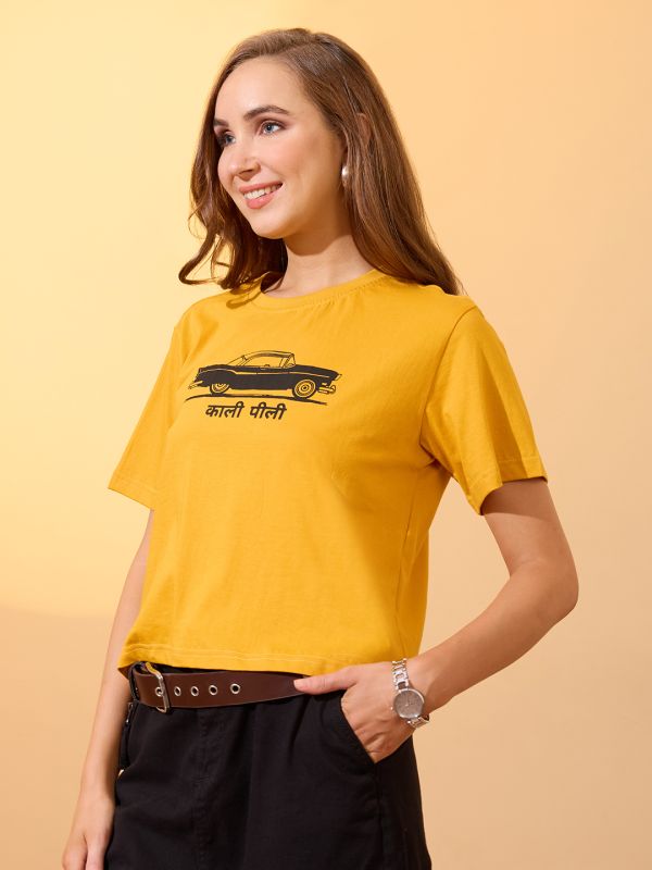 Globus Women Yellow Round Neck Short Sleeves Graphic Print Oversized Crop T-Shirt