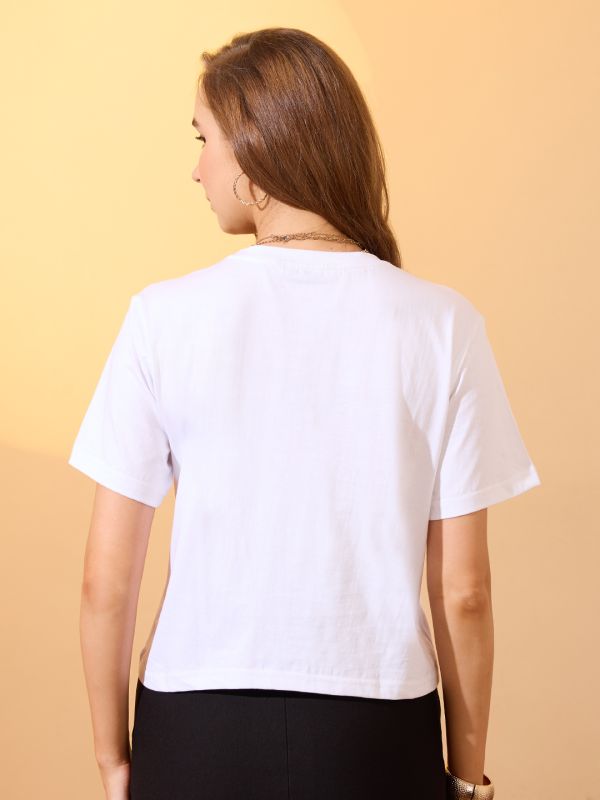Globus Women White Round Neck Short Sleeves Graphic Print Oversized Crop T-Shirt