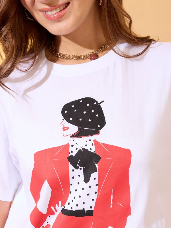 Globus Women White Round Neck Short Sleeves Graphic Print Oversized Crop T-Shirt