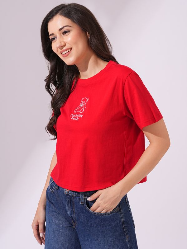 Globus Women Red Round Neck Short Sleeves Graphic Print Oversized T-Shirt