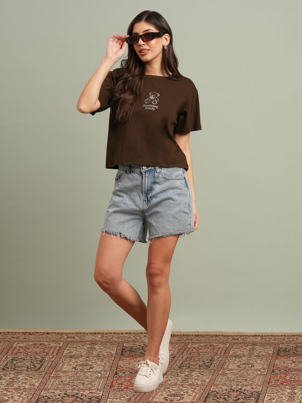 Globus Women Brown Round Neck Short Sleeves Graphic Print Oversized T-Shirt