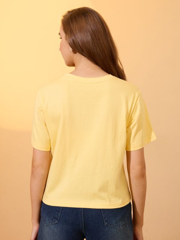 Globus Women Yellow Round Neck Short Sleeves Graphic Print Oversized Crop T-Shirt