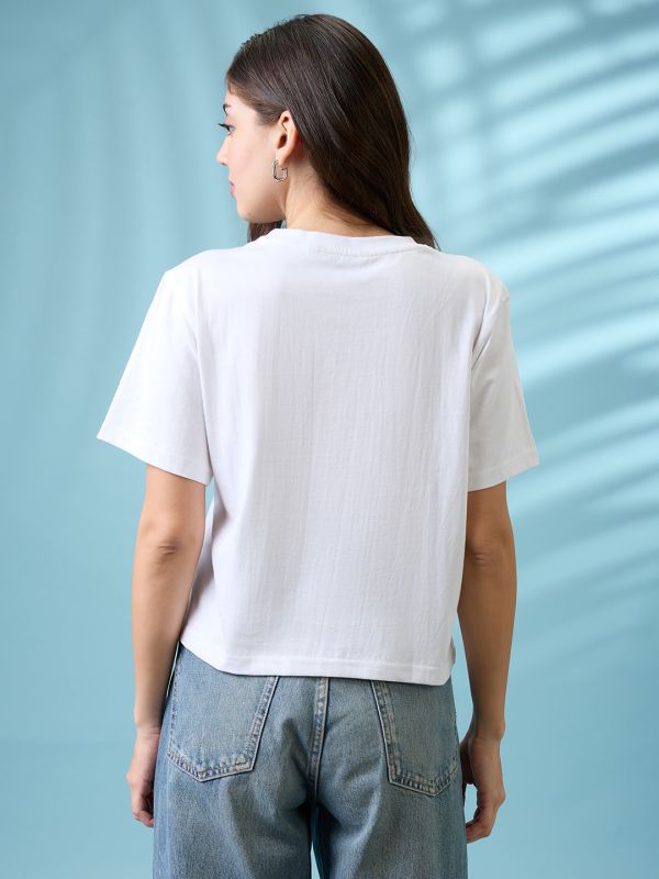 Globus Women White Graphic Print Round Neck Short Sleeves Oversized T Shirt