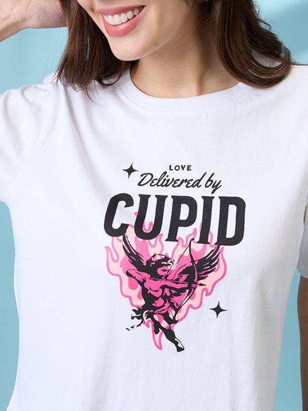 Globus Women White Graphic Print Round Neck Short Sleeves Oversized T Shirt