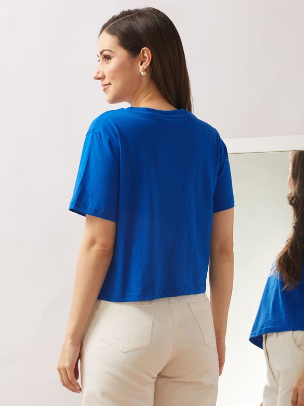 Globus Women Blue Round Neck Short Sleeves Graphic Print Oversized T-Shirt