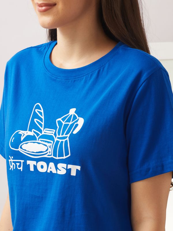 Globus Women Blue Round Neck Short Sleeves Graphic Print Oversized T-Shirt