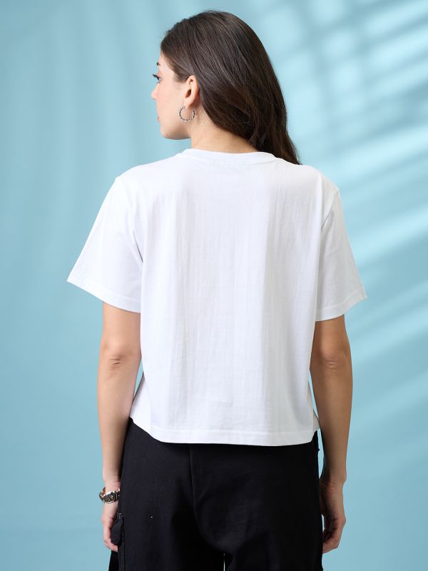 Globus Women White Graphic Print Round Neck Short Sleeves Oversized T Shirt