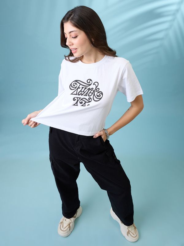 Globus Women White Graphic Print Round Neck Short Sleeves Oversized T Shirt