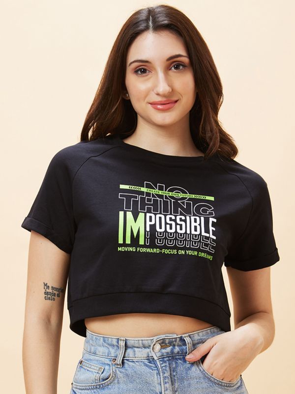 Globus Women Black Typography Print Round Neck Crop Top