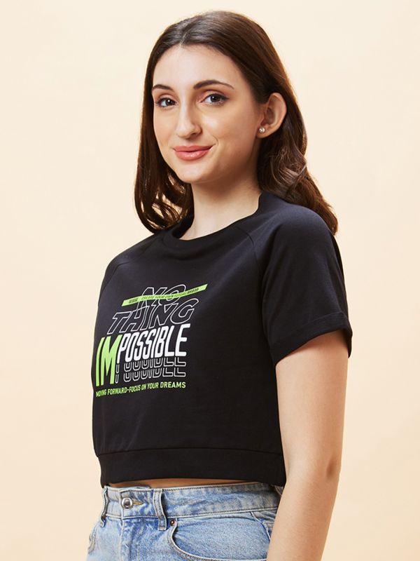 Globus Women Black Typography Print Round Neck Crop Top