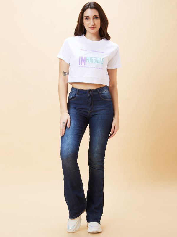 Globus Women Off White Typography Print Round Neck Crop Top