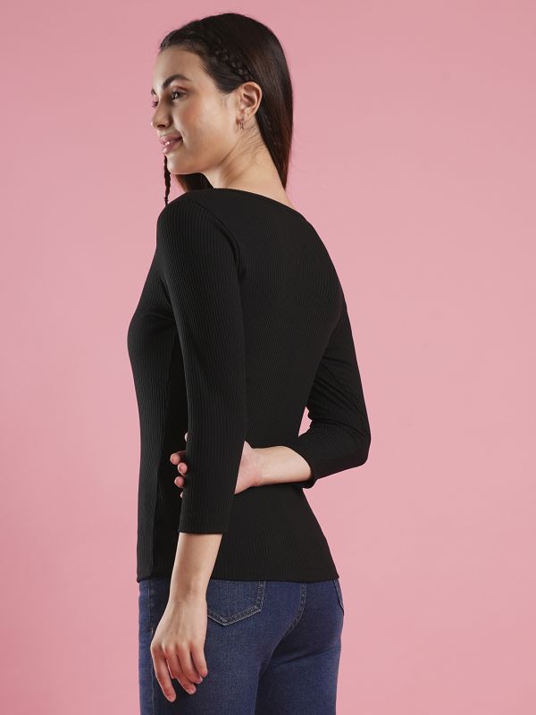 Globus Women Black Scoop Neck Long Sleeves Accordion Pleats Causal Knit Top