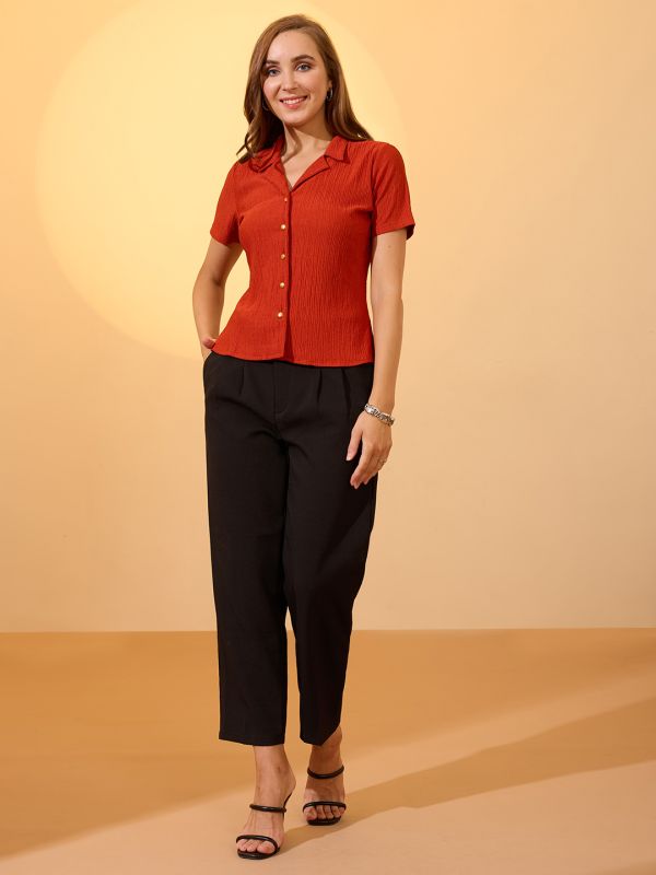 Globus Women Rust Self Design Notch Lapel Collar Short Sleeves Work Wear Shirt