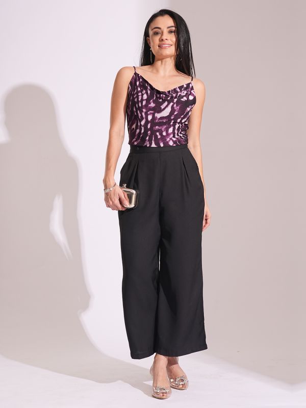Globus Women Black High-Rise Pleated Back Frilled Waist Wide Leg Trousers