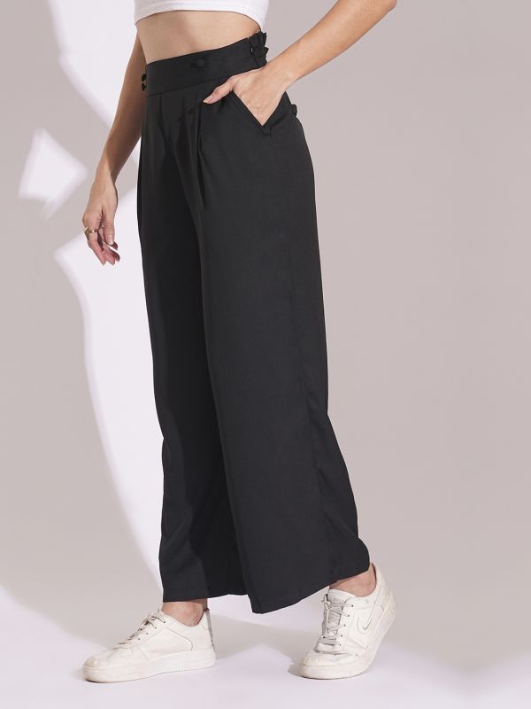 Globus Women Black High-Rise Pleated Back Frilled Waist Wide Leg Trousers