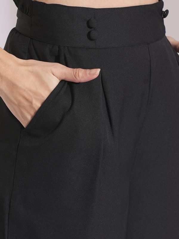 Globus Women Black High-Rise Pleated Back Frilled Waist Wide Leg Trousers