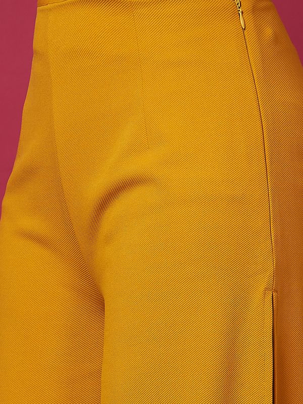 Globus Women Mustard Solid High-Rise Side Slit Loose Fit Parallel Trousers