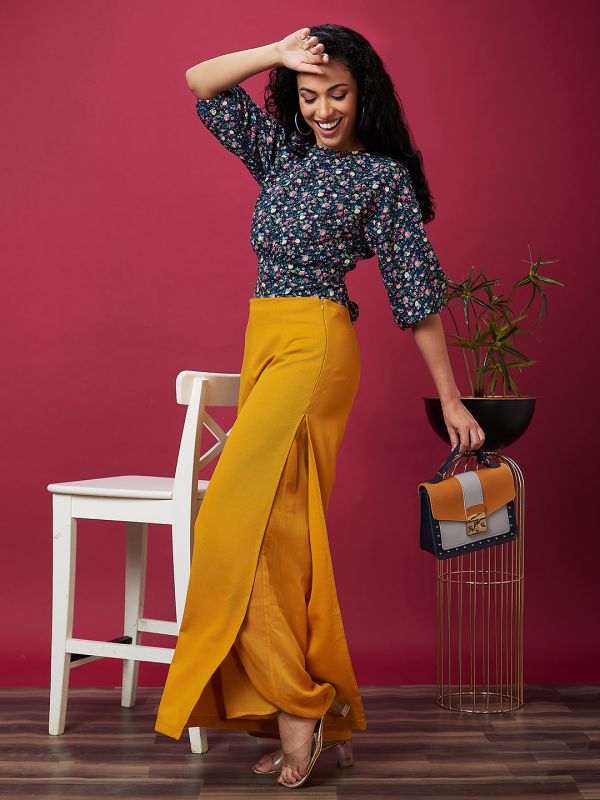 Globus Women Mustard Solid High-Rise Side Slit Loose Fit Parallel Trousers