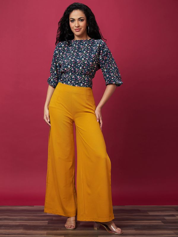 Globus Women Mustard Solid High-Rise Side Slit Loose Fit Parallel Trousers