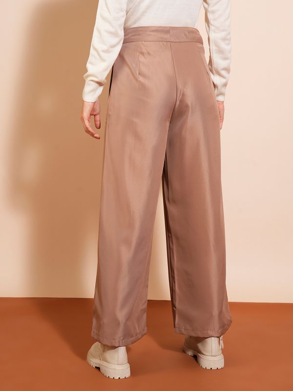 Globus Women Khaki Solid High-Rise Pleated Wide-Leg Workwear Trousers
