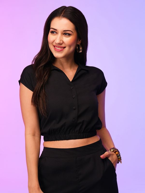 Globus Women Black Self Design Summer Shirt Style Crop Top & Wide Leg Trousers Co-Ord Set