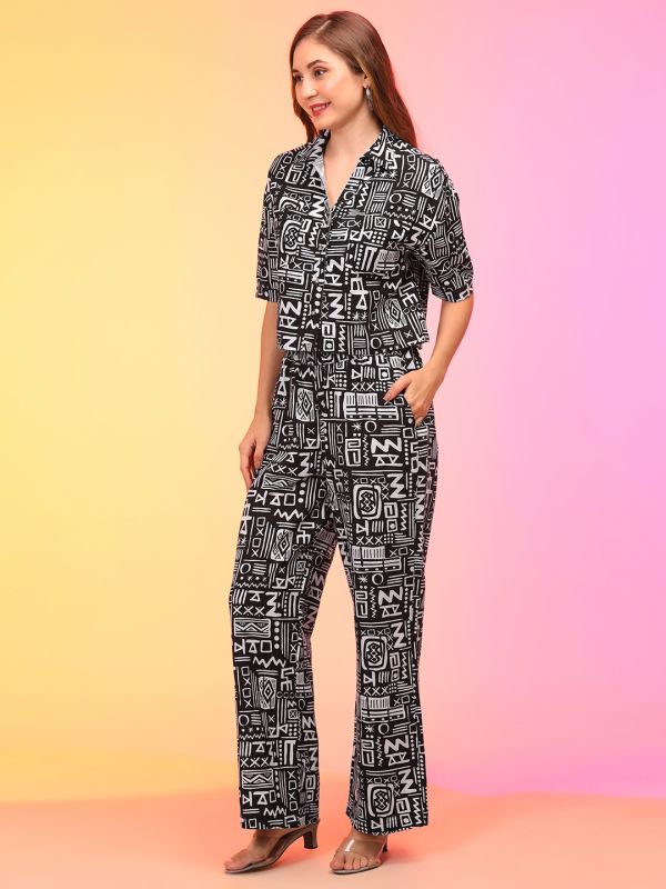 Globus Women Black Abstract Print Boxy Shirt & Trouser Co-Ord Set