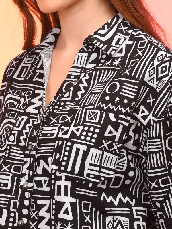 Globus Women Black Abstract Print Boxy Shirt & Trouser Co-Ord Set