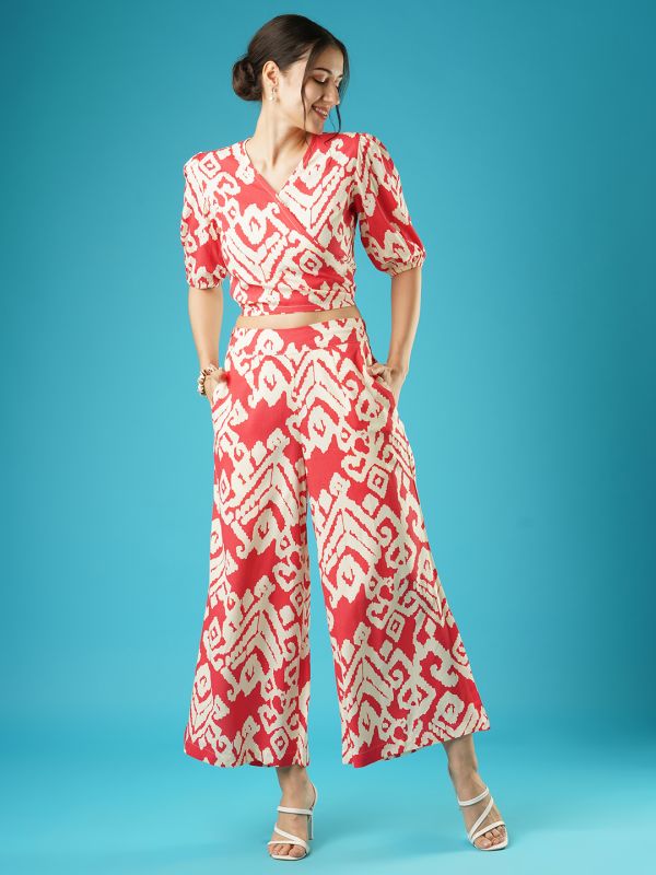 Globus Women Red Abstract Print Wrap Neck Tie-Back Top & Palazzos Co-Ord Set