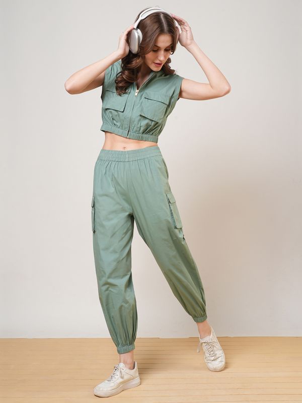 Globus Women Green High Neck Front Zip Crop Top & Elasticated Waist Cargo Style Joggers Co-Ord Set