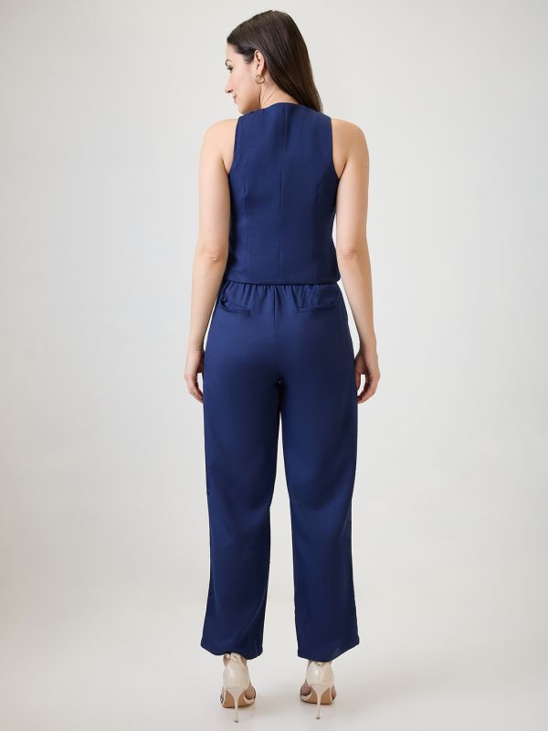 Globus Women Navy Blue V-Neck Solid Front Pocket Detail Waistcoat With Trousers Workwear Co-Ord Set