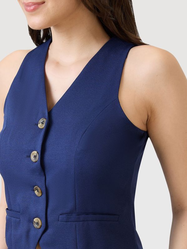 Globus Women Navy Blue V-Neck Solid Front Pocket Detail Waistcoat With Trousers Workwear Co-Ord Set