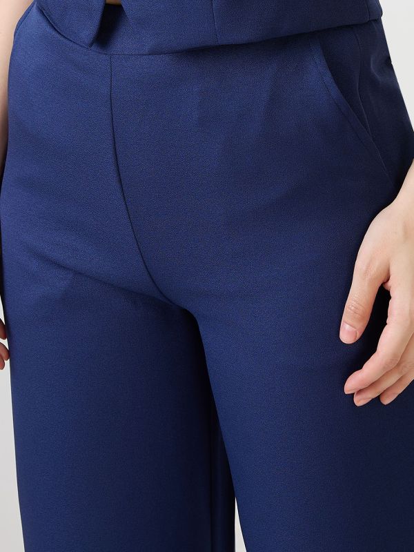 Globus Women Navy Blue V-Neck Solid Front Pocket Detail Waistcoat With Trousers Workwear Co-Ord Set