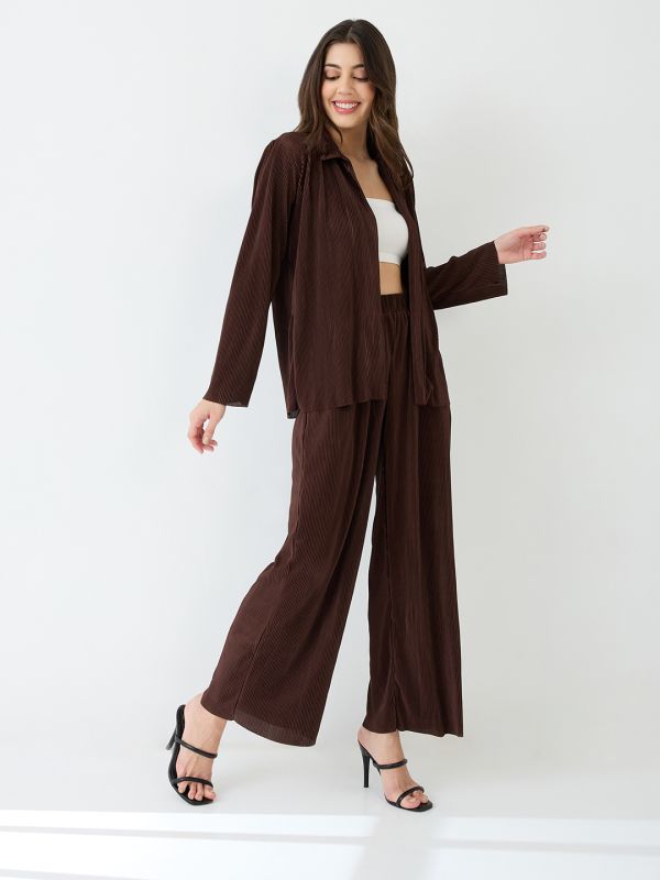 Globus Women Brown Accordion Pleats Shirt With Elasticated Wide-Leg Trousers Plisse Co-Ord Set