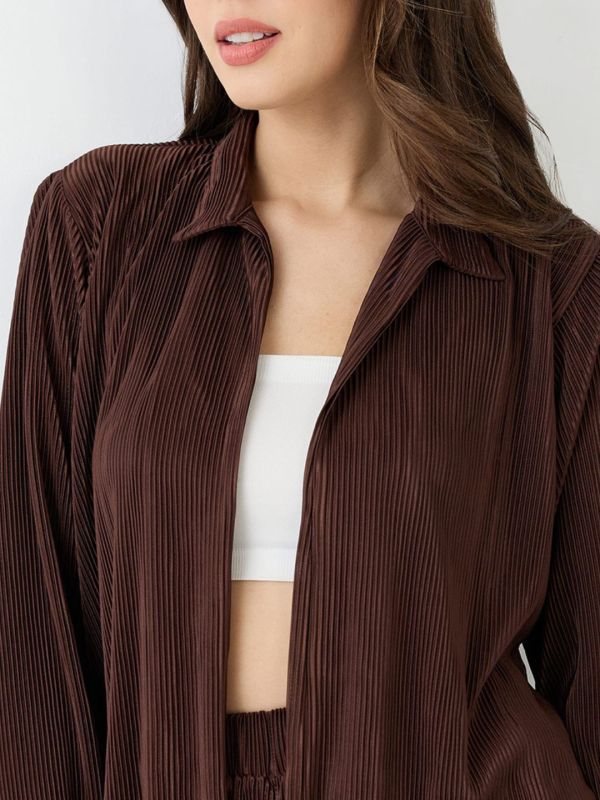 Globus Women Brown Accordion Pleats Shirt With Elasticated Wide-Leg Trousers Plisse Co-Ord Set