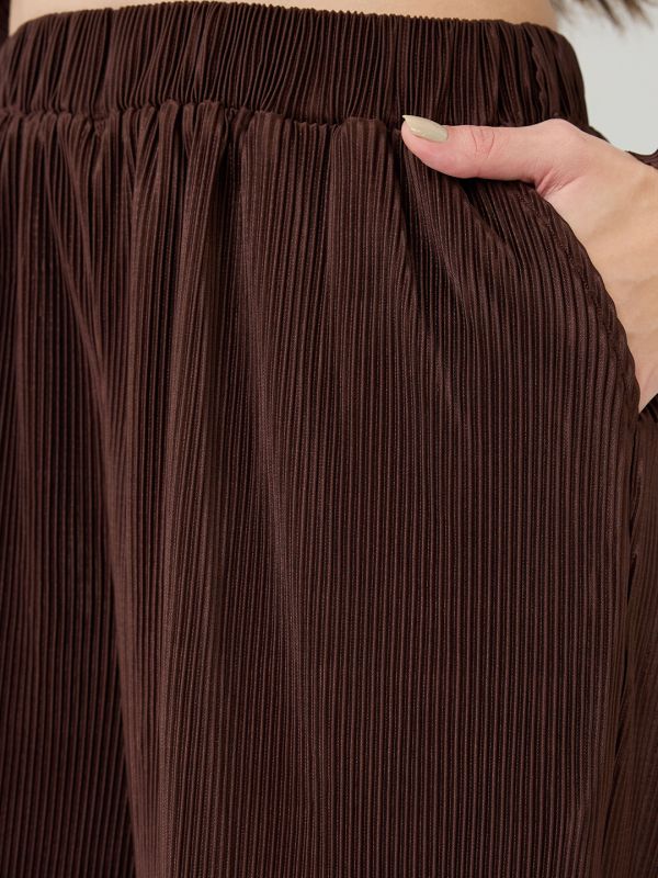 Globus Women Brown Accordion Pleats Shirt With Elasticated Wide-Leg Trousers Plisse Co-Ord Set