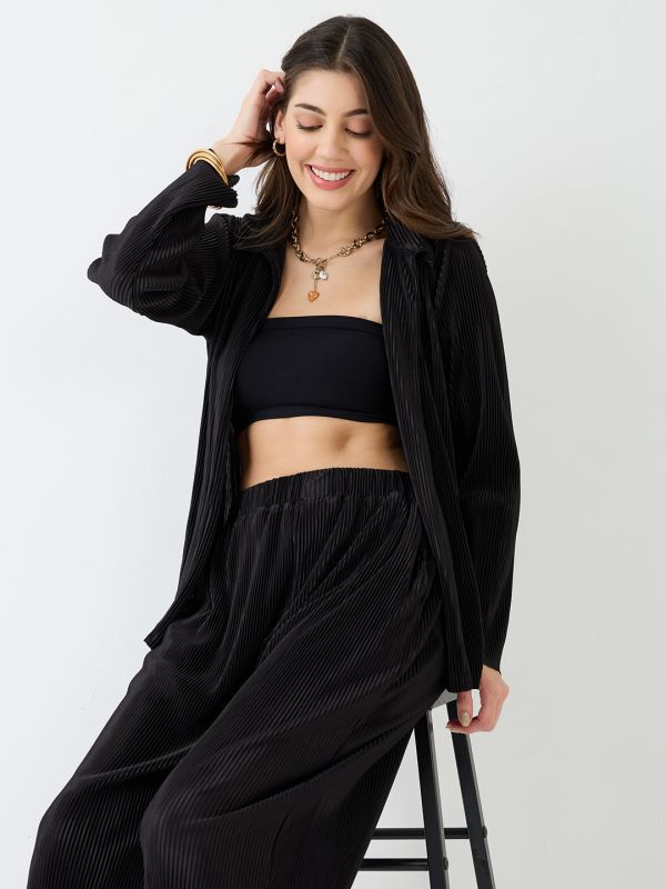 Globus Women Black Accordion Pleats Shirt With Elasticated Wide-Leg Trousers Plisse Co-Ord Set