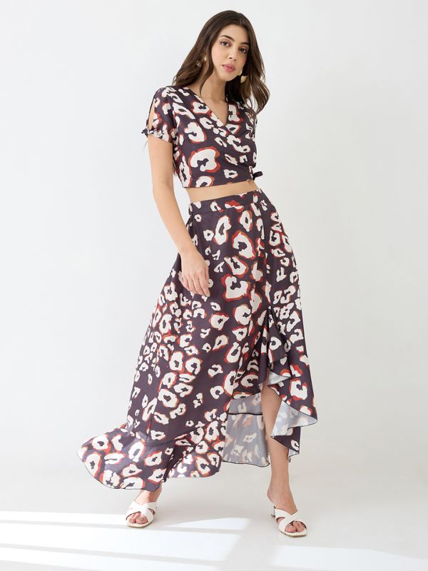 Globus Women Black Wrap Neck Tie-Up Short Sleeves Animal Printed Crop Top & High-Rise Ruffled Maxi Skirt Fusion Co-Ord Set