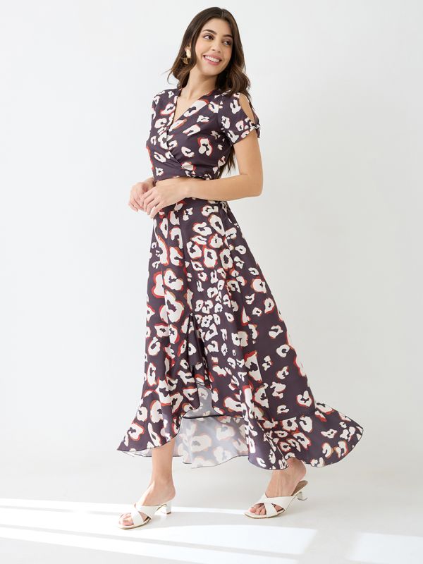 Globus Women Black Wrap Neck Tie-Up Short Sleeves Animal Printed Crop Top & High-Rise Ruffled Maxi Skirt Fusion Co-Ord Set