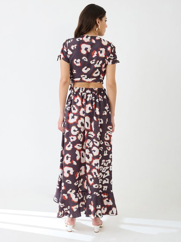 Globus Women Black Wrap Neck Tie-Up Short Sleeves Animal Printed Crop Top & High-Rise Ruffled Maxi Skirt Fusion Co-Ord Set