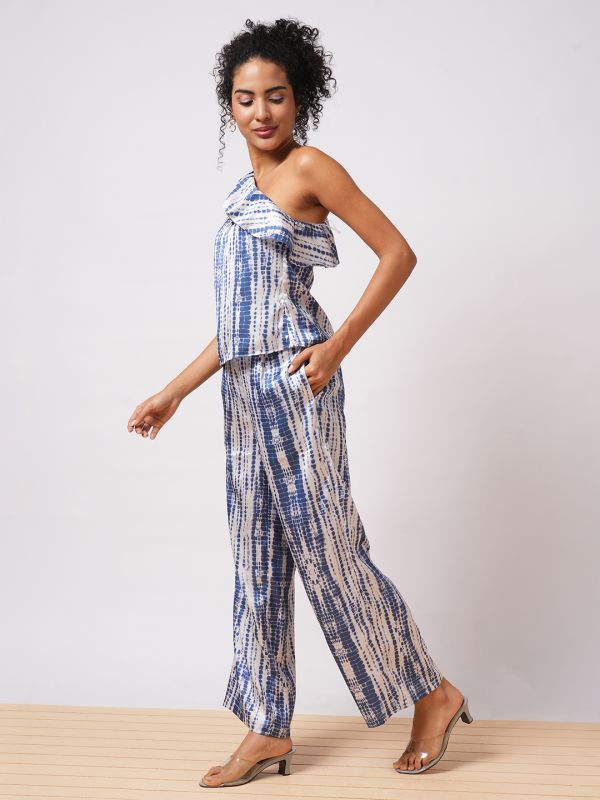 Globus Women Multi-Colour Abstract  Print One Shoulder Ruffle Top & Partially Elasticated Ankle Length Trouser Co-ord Set
