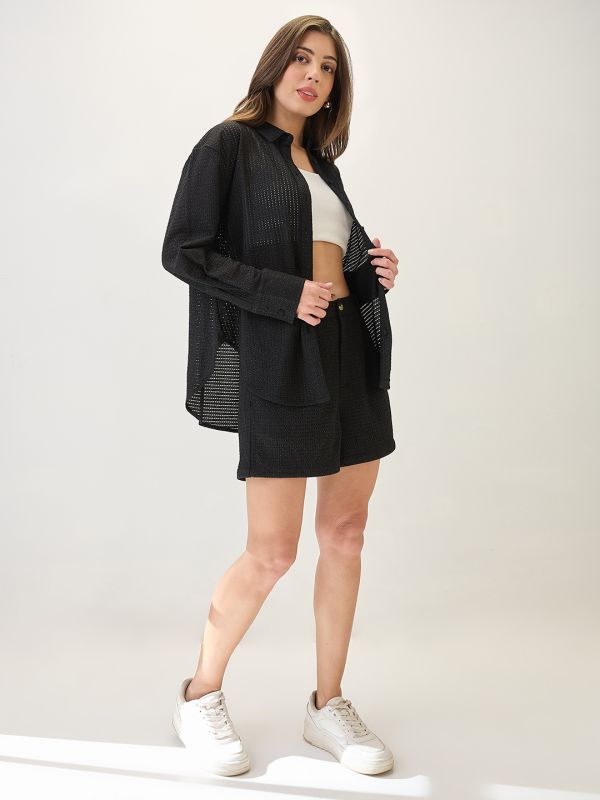 Globus Women Black Collared Neck Cuffed Sleeves Crochet Shirt Style Top with Shorts Co-ords Set