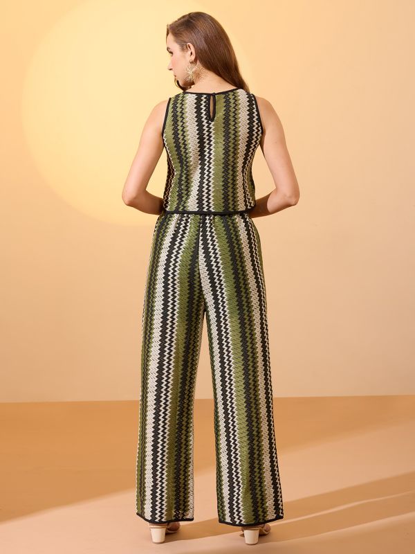 Globus Women Green Chevron Print Crochet Round Neck Boxy Fit Crop Top with Trousers Resort Co-Ord Set