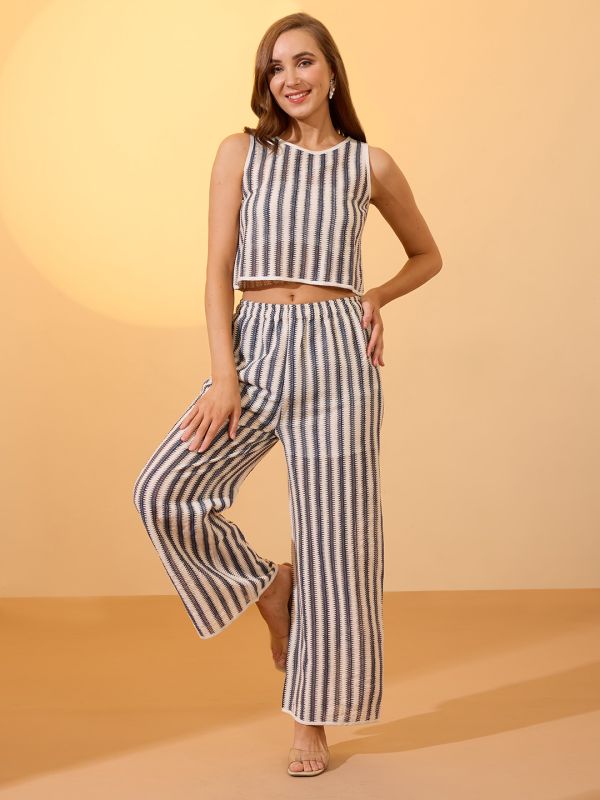 Globus Women Off White Chevron Print Crochet Round Neck Boxy Fit Crop Top with Trousers Resort Co-Ord Set