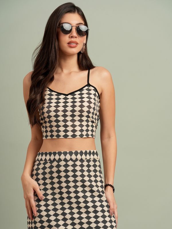 Globus Women Black V-Neck Shoulder Strap Abstract Print Crop Top with Skirt Resort Co-Ord Set