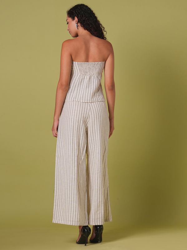 Globus Women Beige Striped Pattern Smocked Off Shoulder Top With Wide Leg Trousers Co-Ord Set